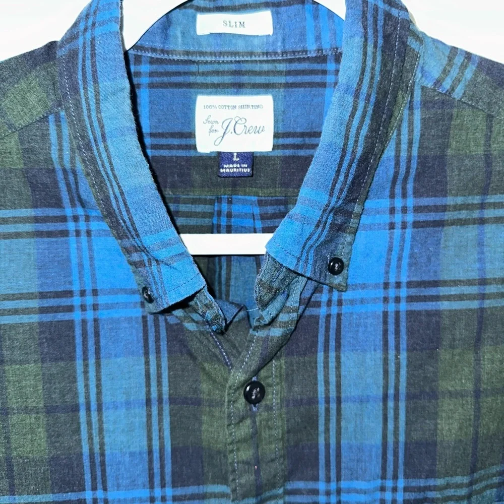 J.Crew Plaid‎ Cotton Large Blue Green Button Up